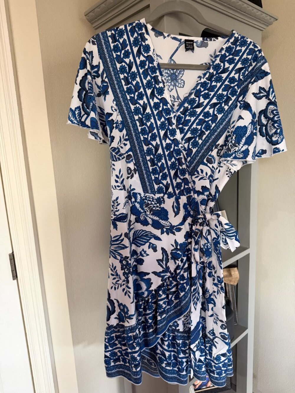 Blue and white wrap dress